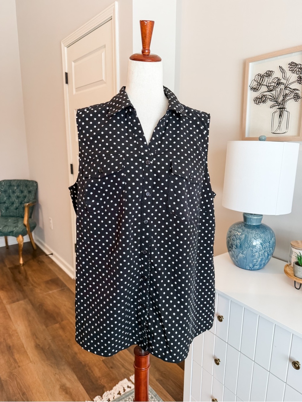 Sleeveless Black Polka Dot Button-Front Blouse